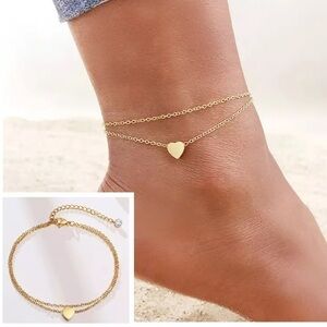 14k Gold Plated Double Strand Chain Heart Ankle Bracelet Anklet Waterproof